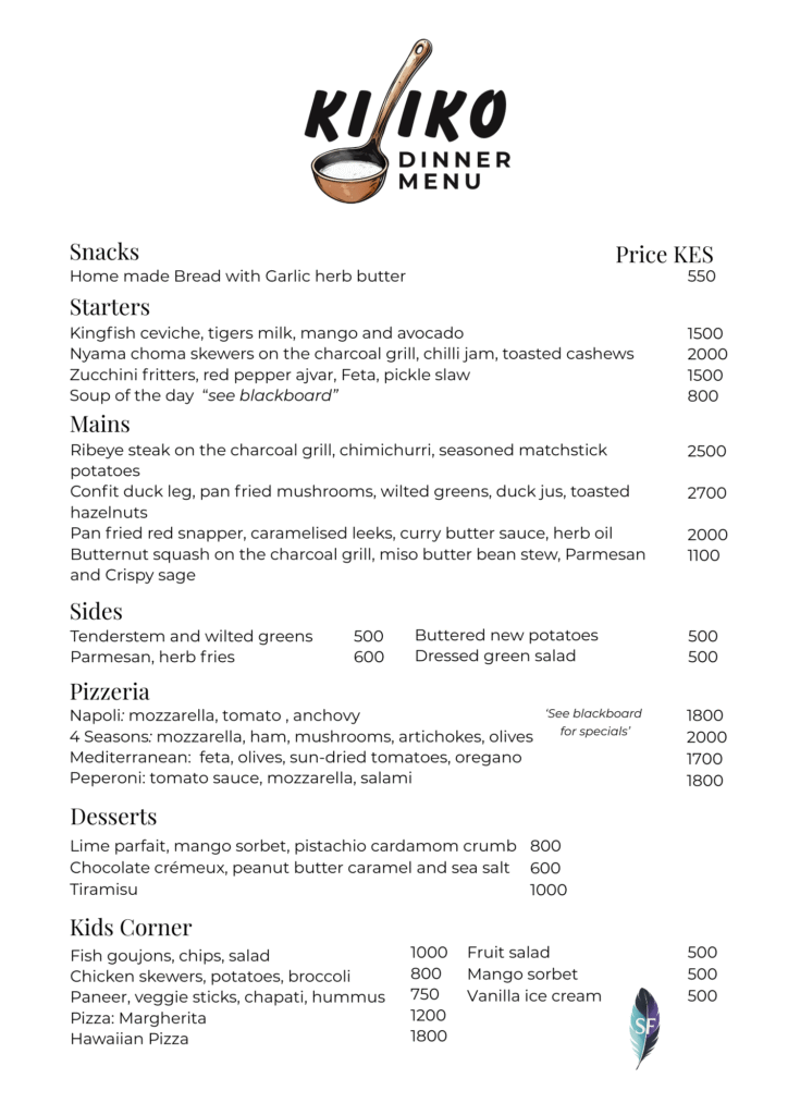 Kijiko Restaurant dinner menu with starters, mains, pizza, and desserts surrounded by wildlife at Sanctuary Farm.