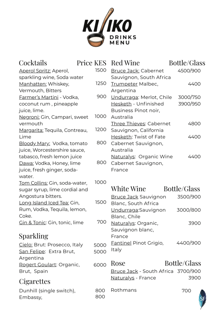 Kijiko Restaurant drinks menu with cocktails, wines, beer, cider, and sparkling options.