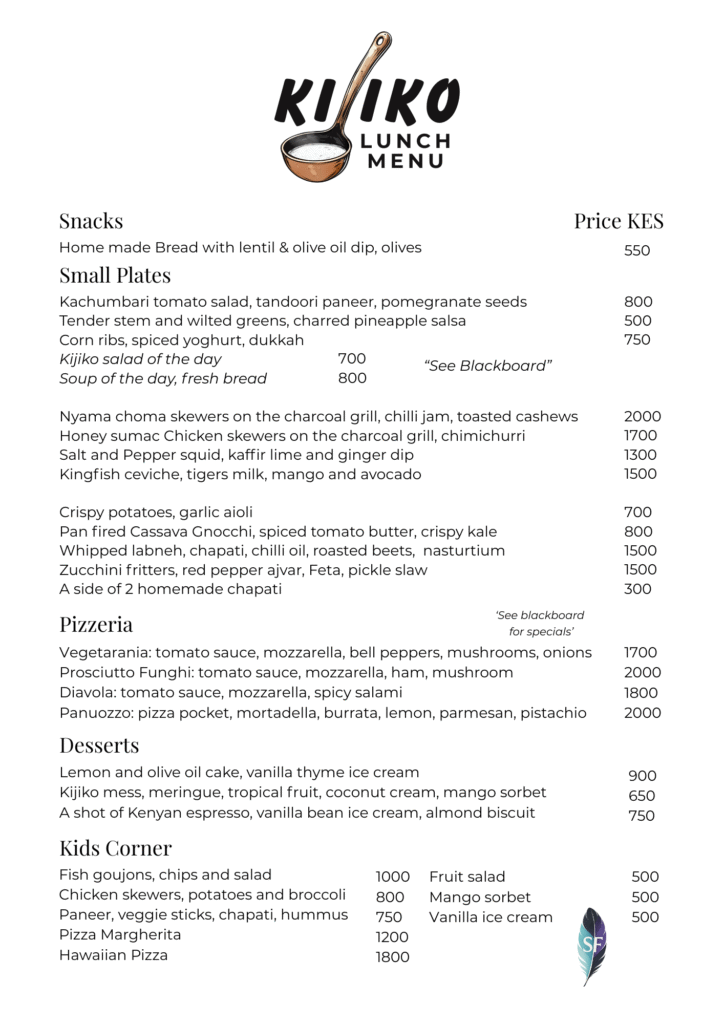 Kijiko Restaurant lunch menu with small plates, pizza, mains, and desserts.